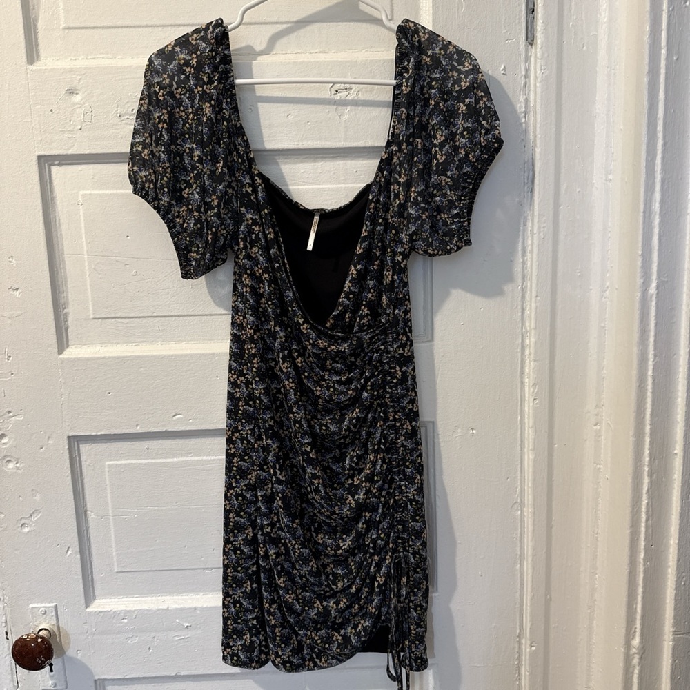 Free People M Mesh Micro Floral Puff Sleeve Bodycon Sheath Mini Ruched Wrap Blue